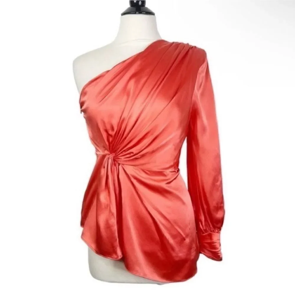Cinq a Sept NWT Stace One-Shoulder Silk Blouse in Neon Coral Size XS